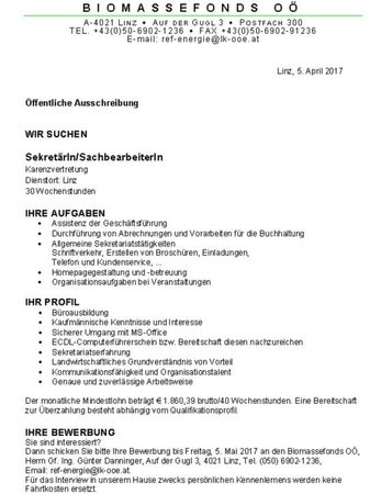 Stellenangebot: SekretärIn/SachbearbeiterIn